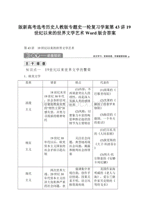 版新高考选考历史人教版专题史一轮复习学案第43讲 19世纪以来的世界文学艺术 Word版含答案.docx