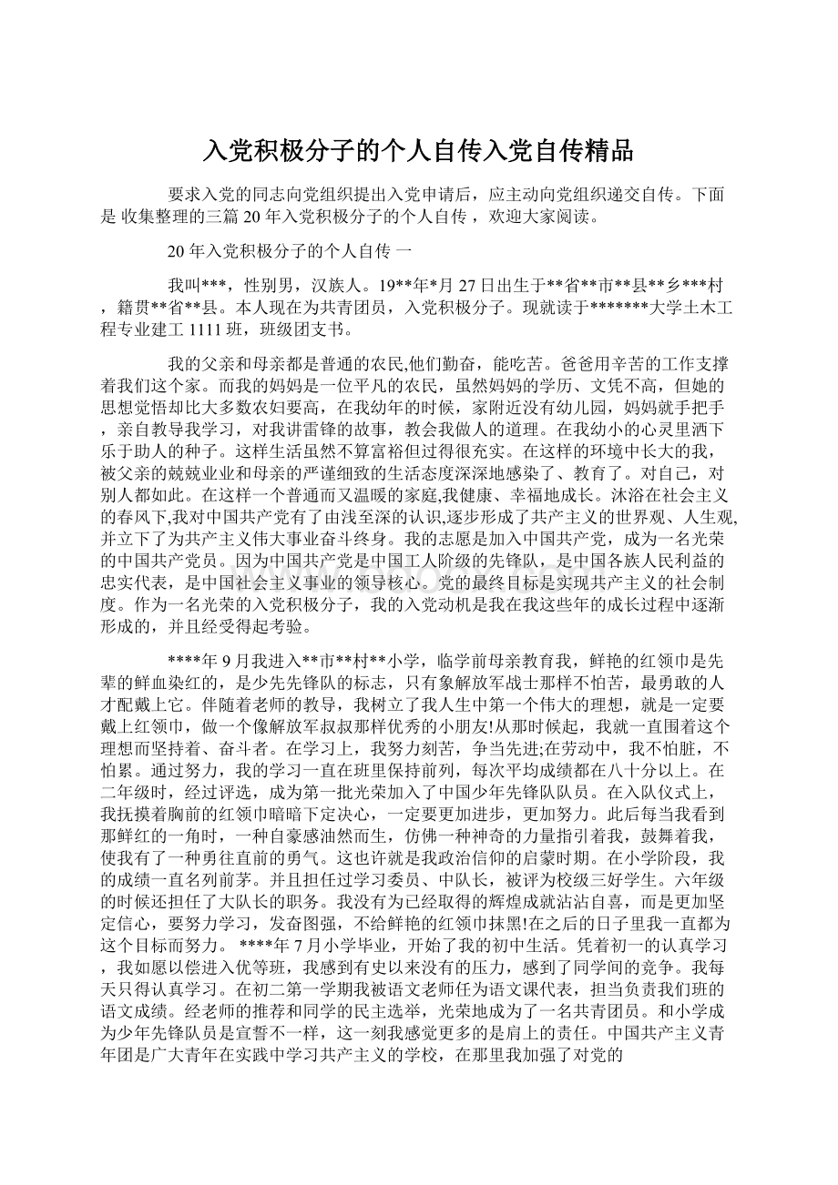 入党积极分子的个人自传入党自传精品Word格式文档下载.docx_第1页