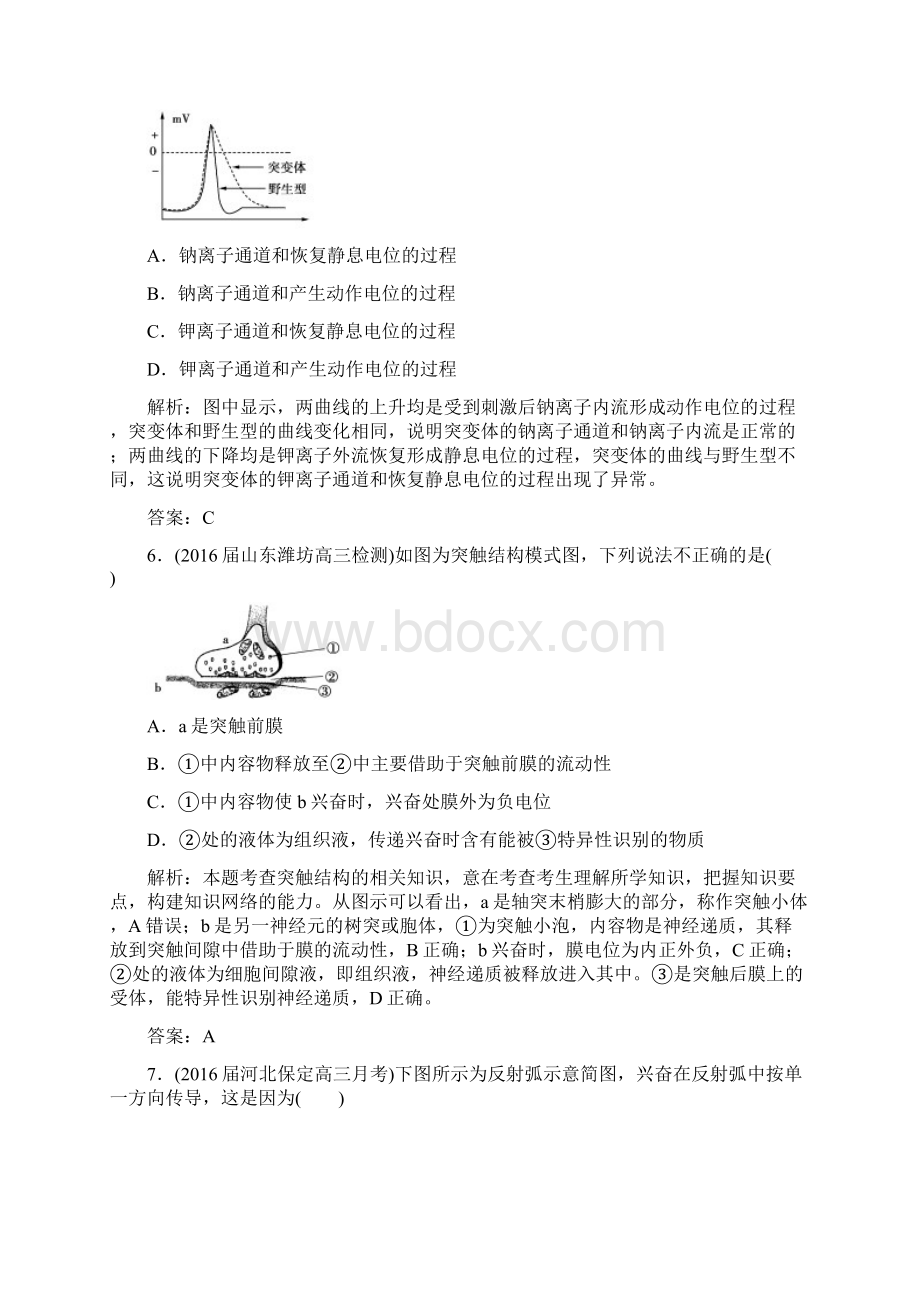 高考生物第一轮阶段综合测评试题22高三课时强化作业二十四通过神经系统的调节Word文档格式.docx_第3页