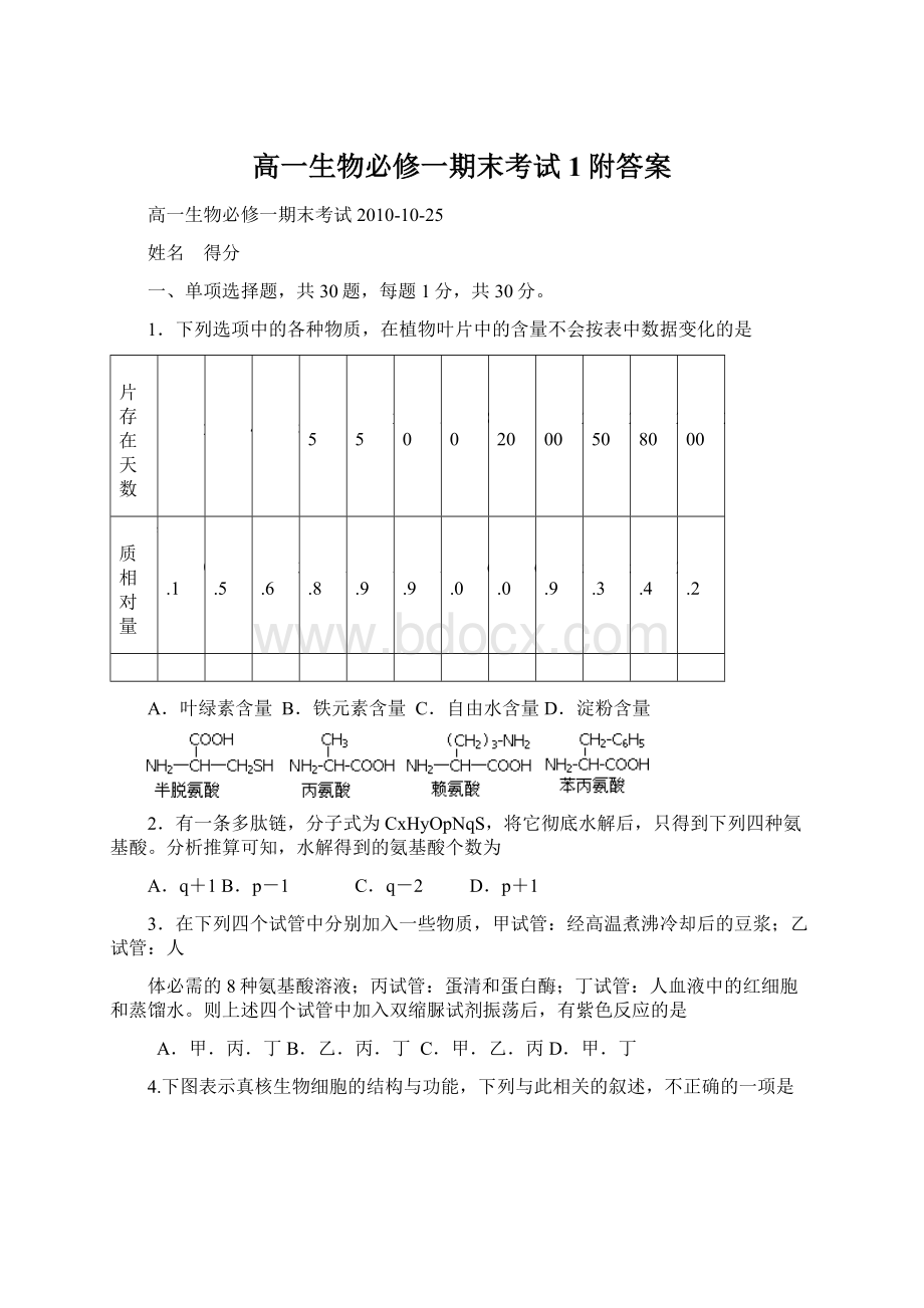 高一生物必修一期末考试1附答案.docx