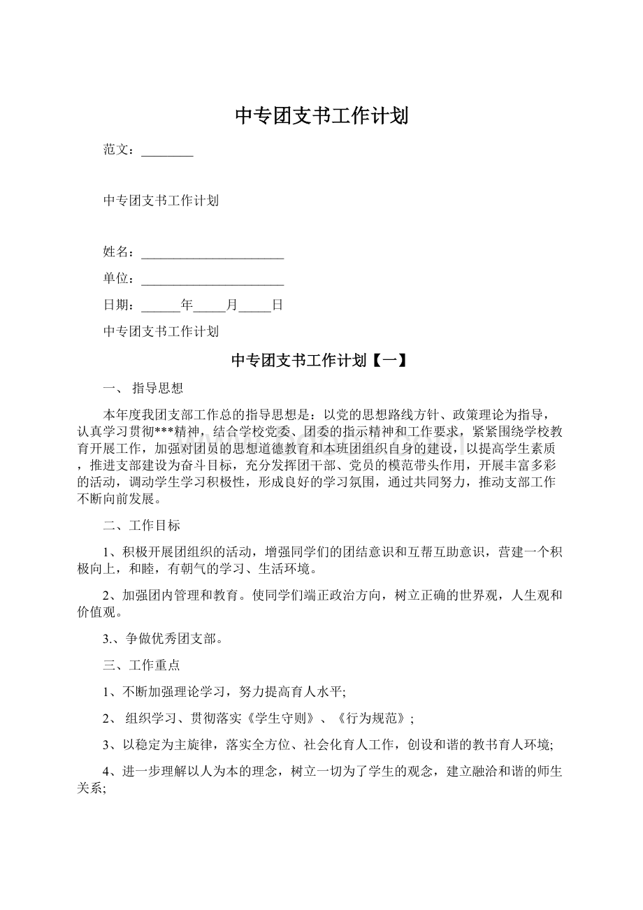 中专团支书工作计划.docx