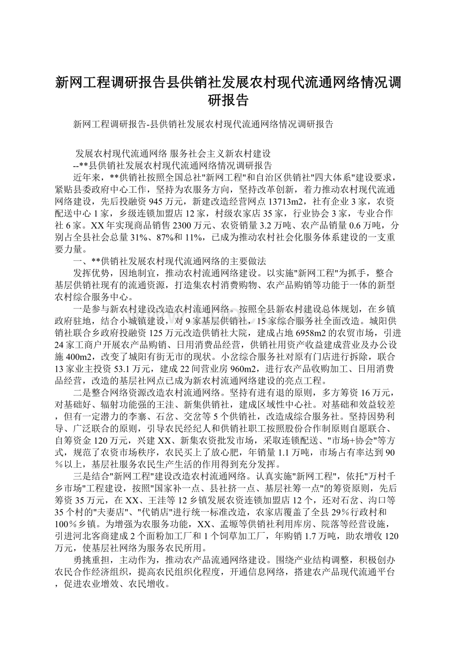 新网工程调研报告县供销社发展农村现代流通网络情况调研报告Word文档格式.docx_第1页