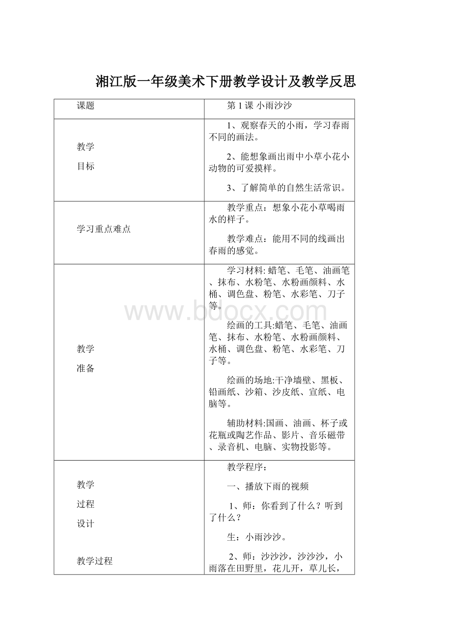 湘江版一年级美术下册教学设计及教学反思.docx_第1页