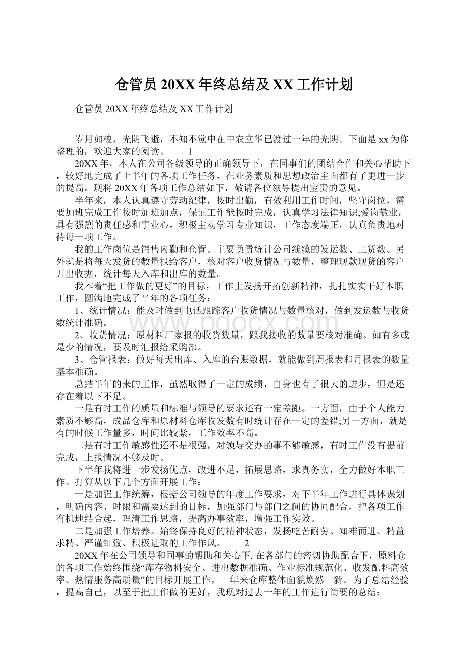 仓管员20XX年终总结及XX工作计划Word下载.docx