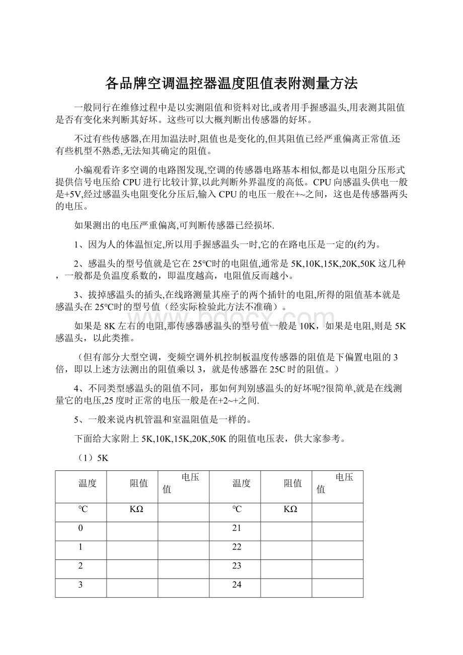 各品牌空调温控器温度阻值表附测量方法.docx_第1页