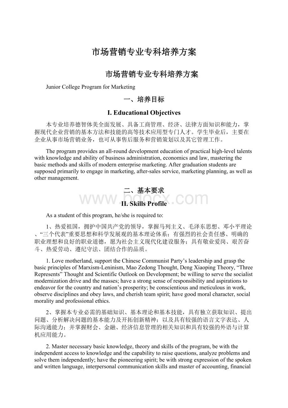 市场营销专业专科培养方案Word格式文档下载.docx