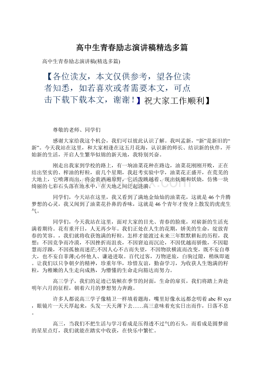 高中生青春励志演讲稿精选多篇.docx