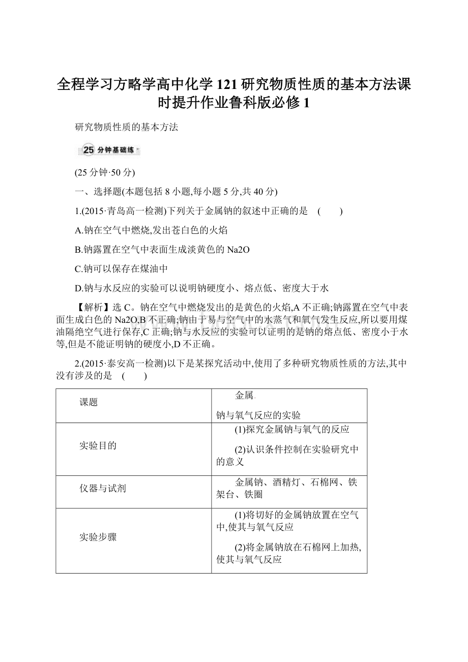 全程学习方略学高中化学121研究物质性质的基本方法课时提升作业鲁科版必修1.docx