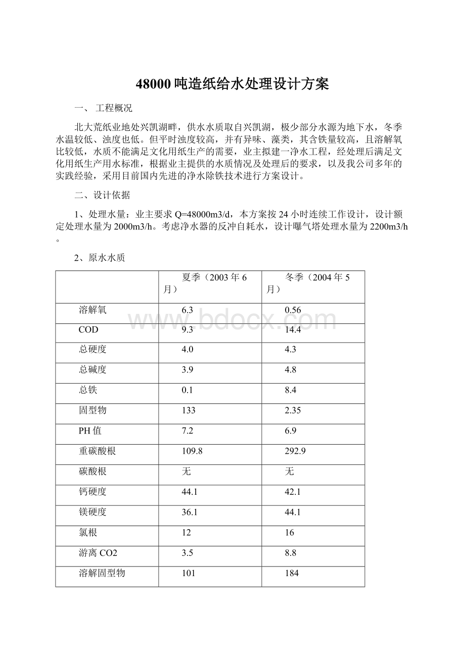 48000吨造纸给水处理设计方案Word下载.docx_第1页