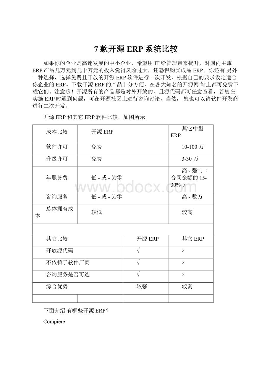 7款开源ERP系统比较Word格式.docx