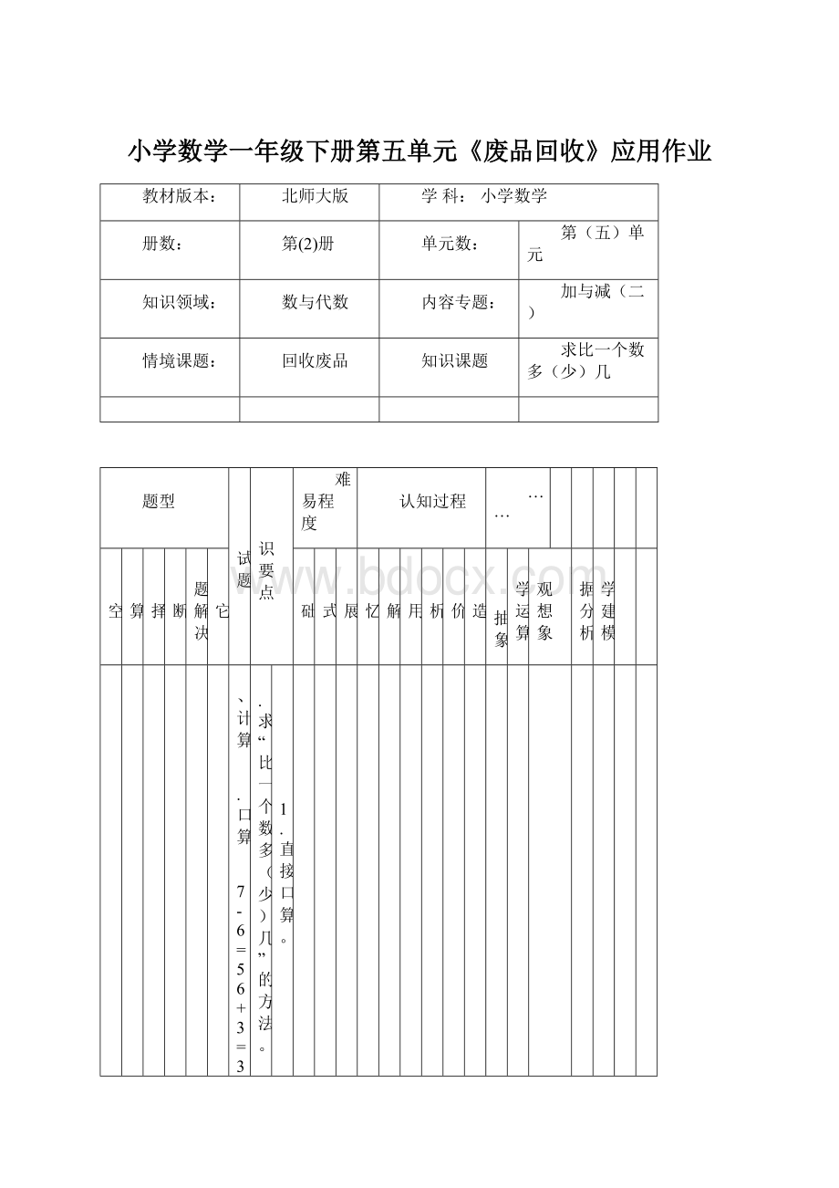 小学数学一年级下册第五单元《废品回收》应用作业.docx_第1页