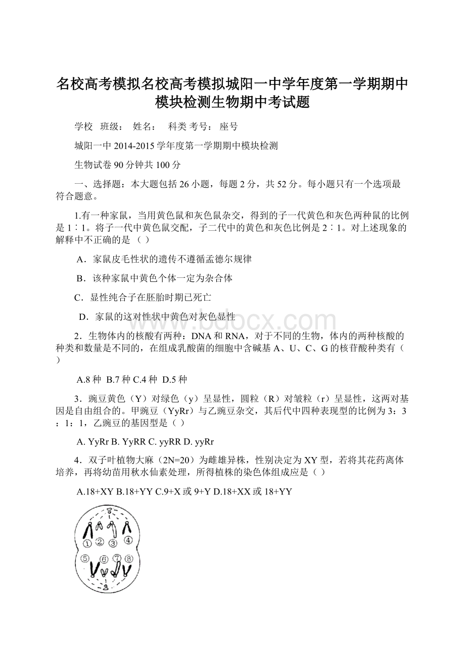 名校高考模拟名校高考模拟城阳一中学年度第一学期期中模块检测生物期中考试题.docx_第1页