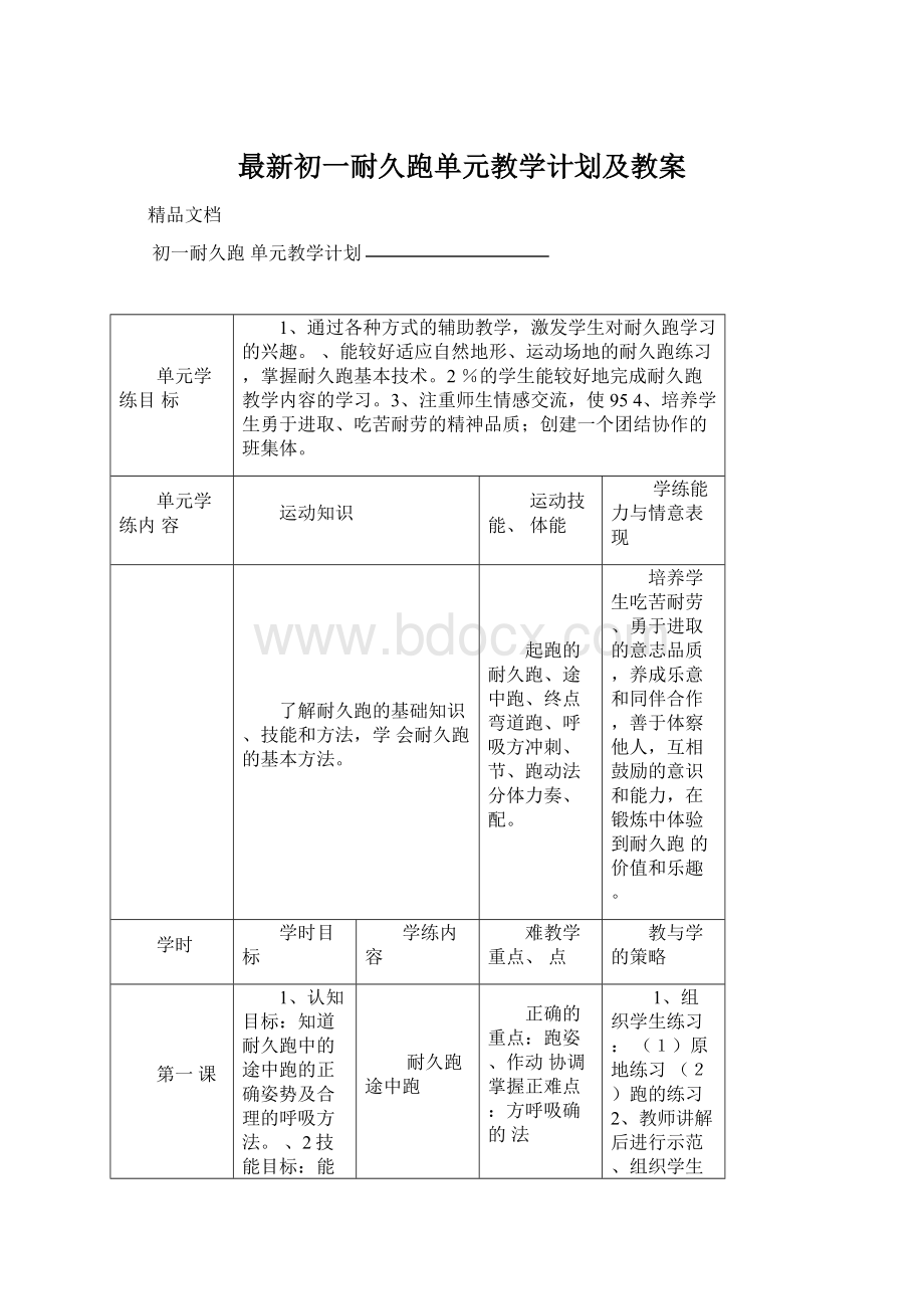 最新初一耐久跑单元教学计划及教案Word下载.docx_第1页