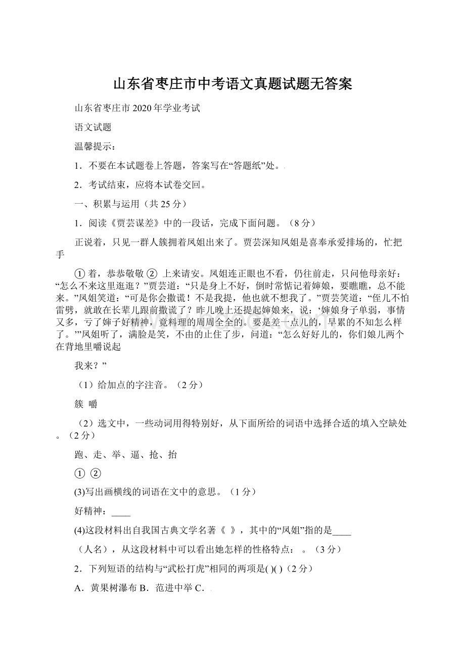 山东省枣庄市中考语文真题试题无答案Word文档下载推荐.docx