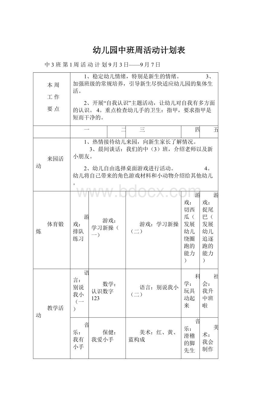 幼儿园中班周活动计划表Word文档格式.docx