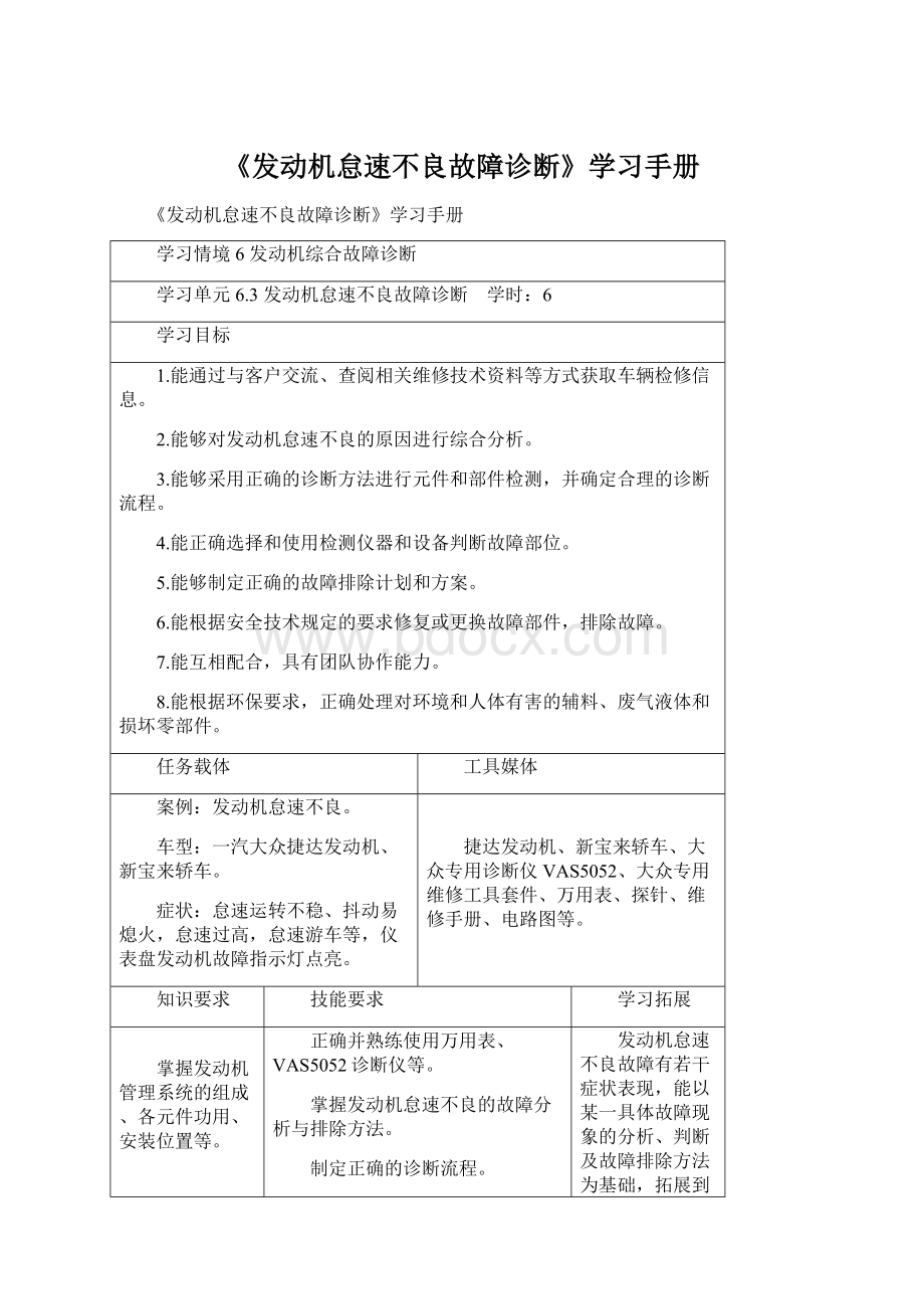 《发动机怠速不良故障诊断》学习手册Word下载.docx_第1页