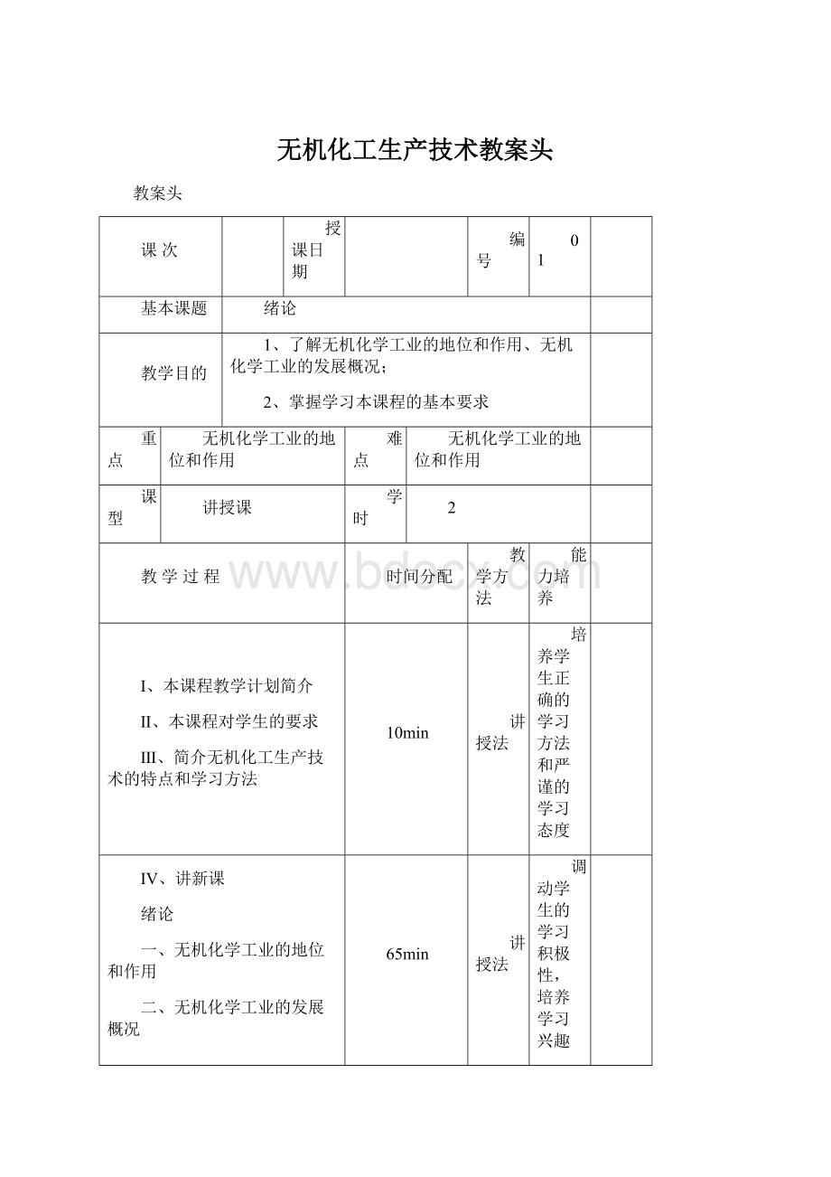 无机化工生产技术教案头Word下载.docx