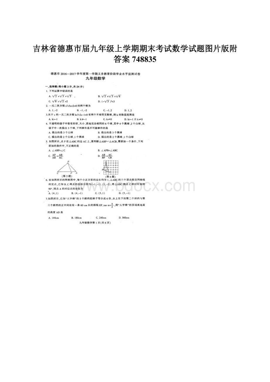 吉林省德惠市届九年级上学期期末考试数学试题图片版附答案748835.docx_第1页