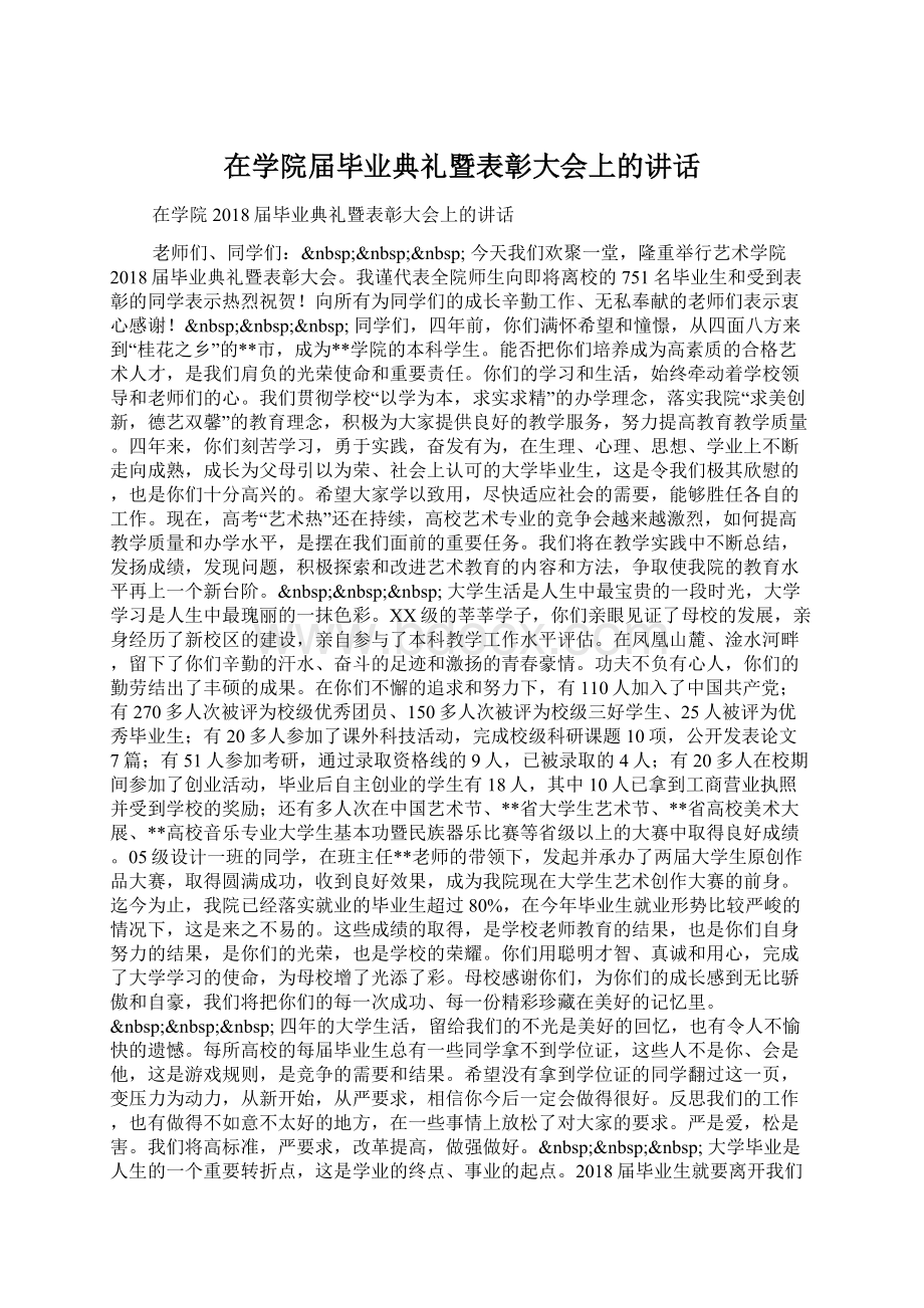 在学院届毕业典礼暨表彰大会上的讲话.docx