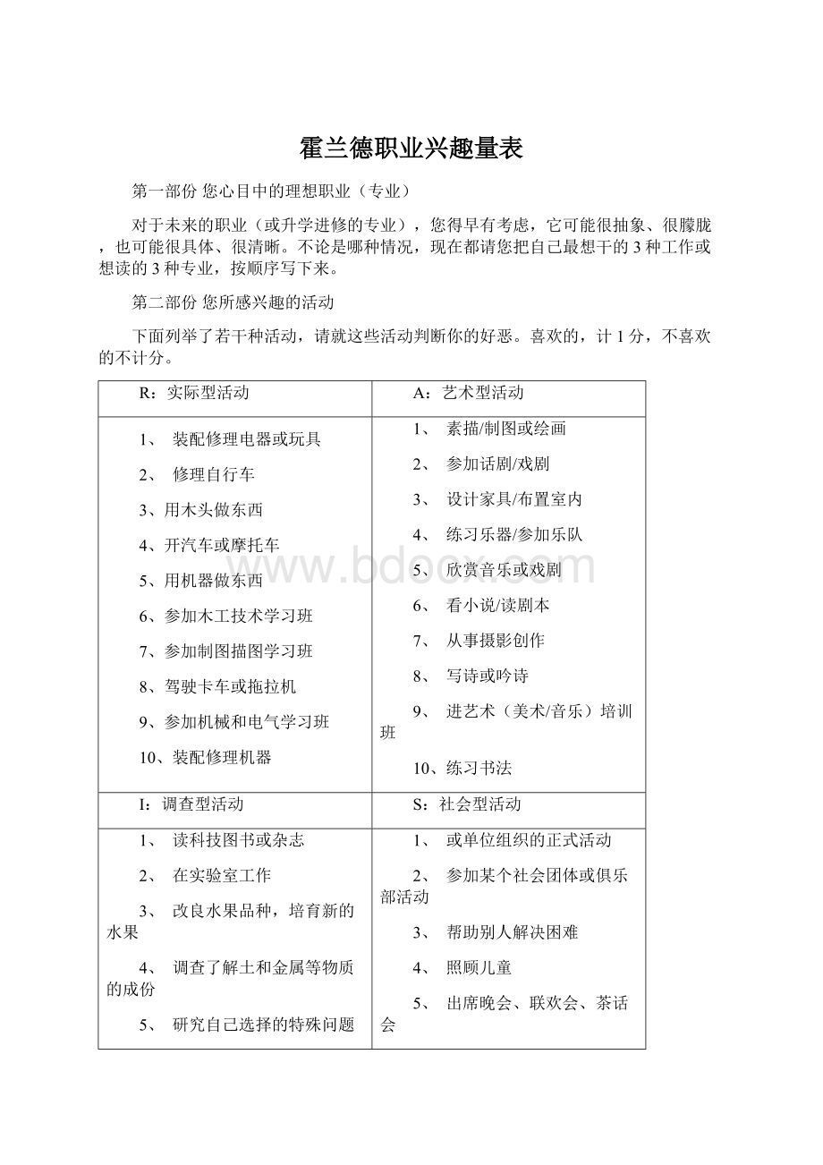 霍兰德职业兴趣量表Word格式文档下载.docx