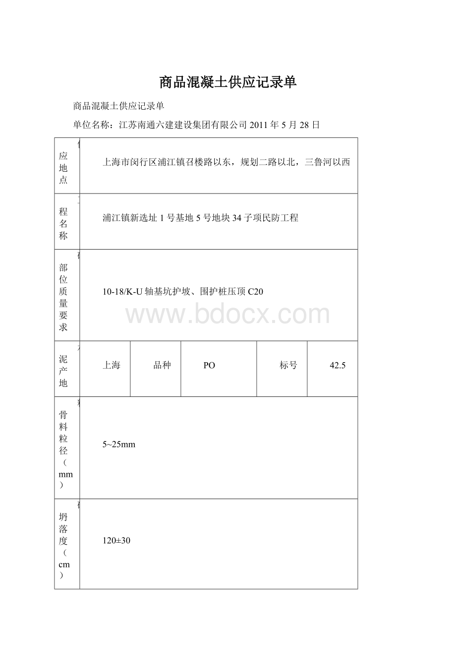 商品混凝土供应记录单Word下载.docx