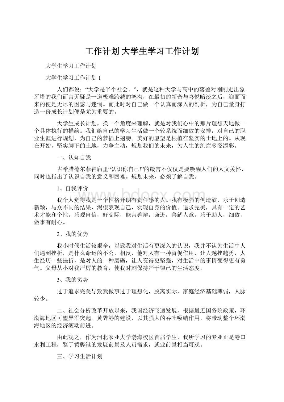 工作计划 大学生学习工作计划Word文件下载.docx