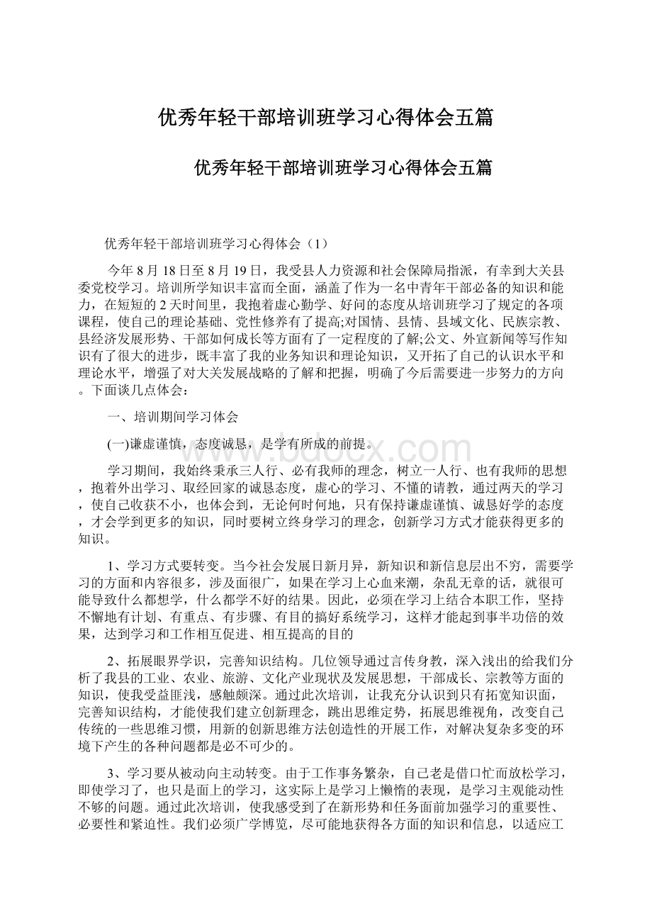 优秀年轻干部培训班学习心得体会五篇文档格式.docx