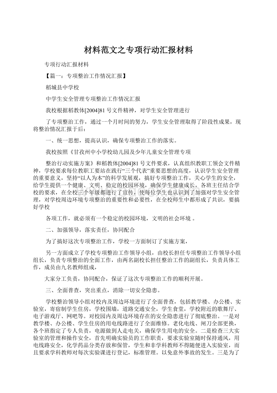 材料范文之专项行动汇报材料Word下载.docx