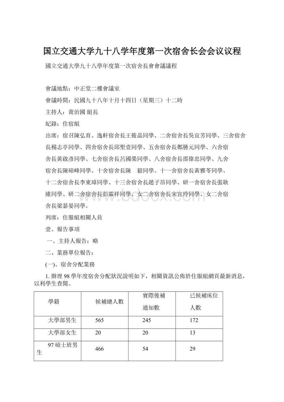 国立交通大学九十八学年度第一次宿舍长会会议议程Word格式文档下载.docx