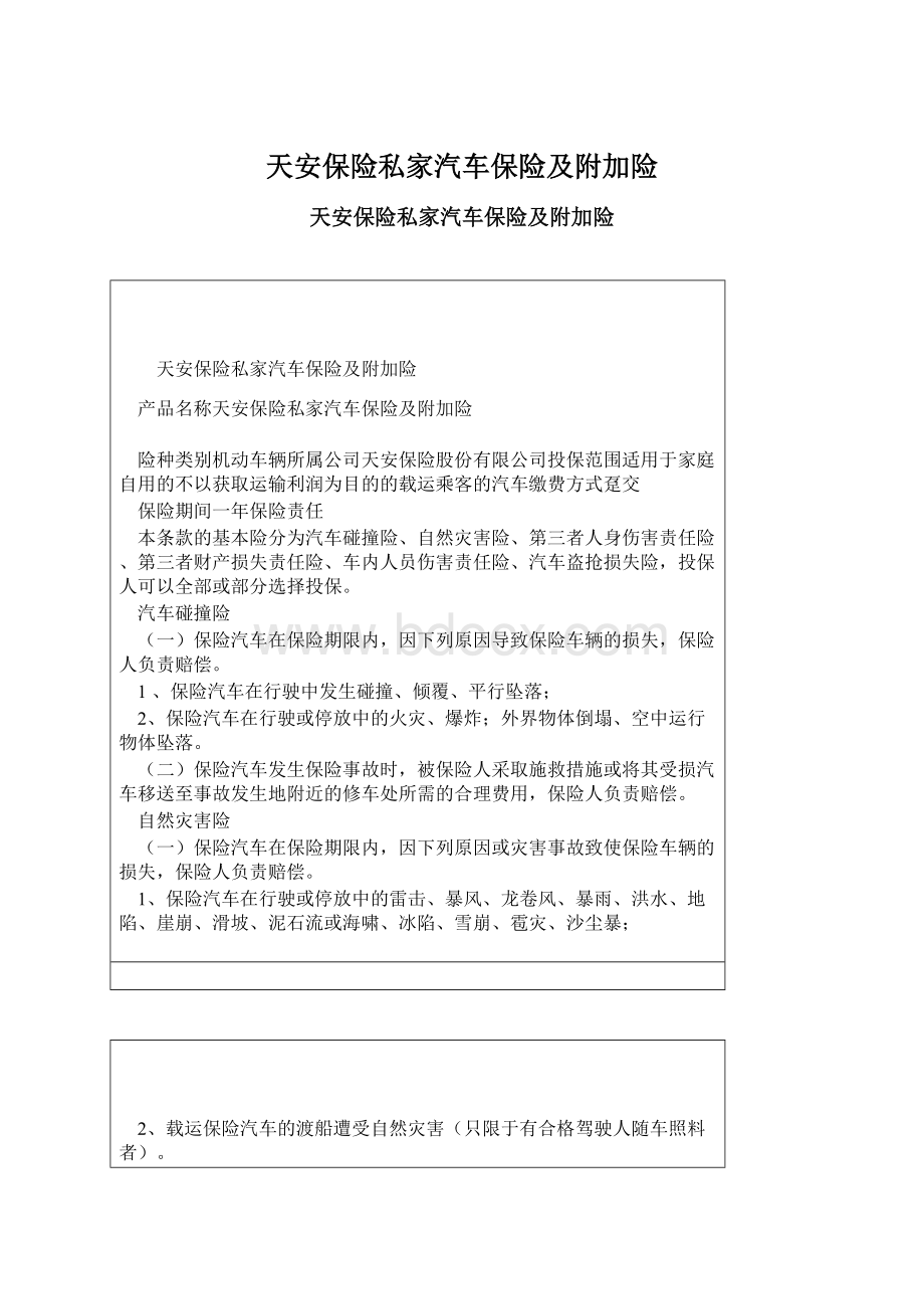 天安保险私家汽车保险及附加险Word文档下载推荐.docx