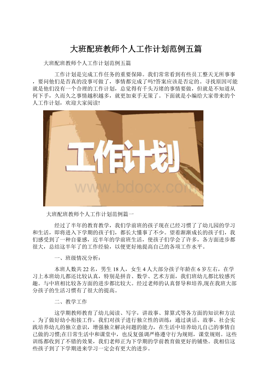 大班配班教师个人工作计划范例五篇.docx_第1页