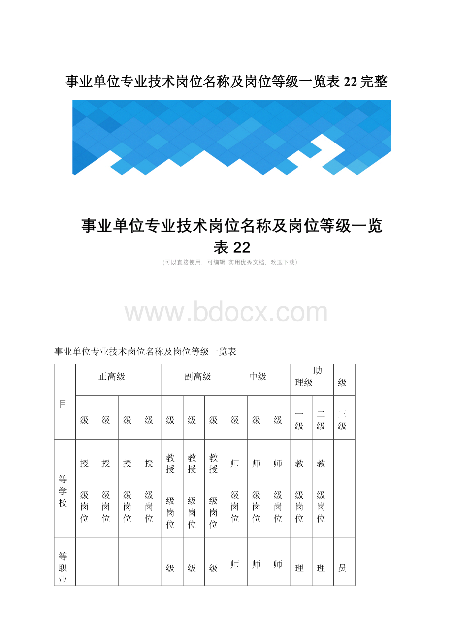 事业单位专业技术岗位名称及岗位等级一览表22完整.docx