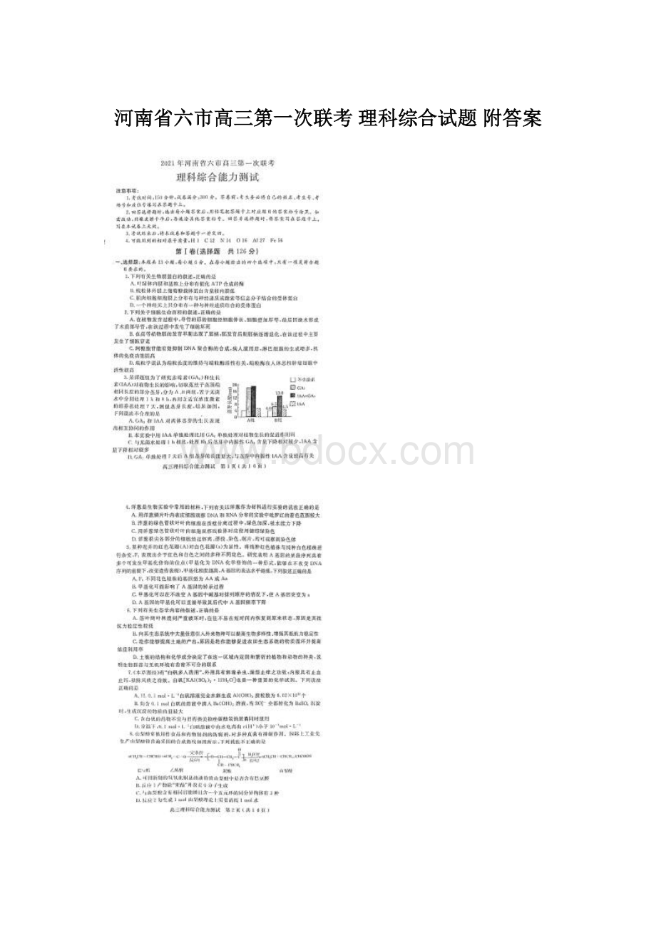 河南省六市高三第一次联考 理科综合试题 附答案Word格式.docx