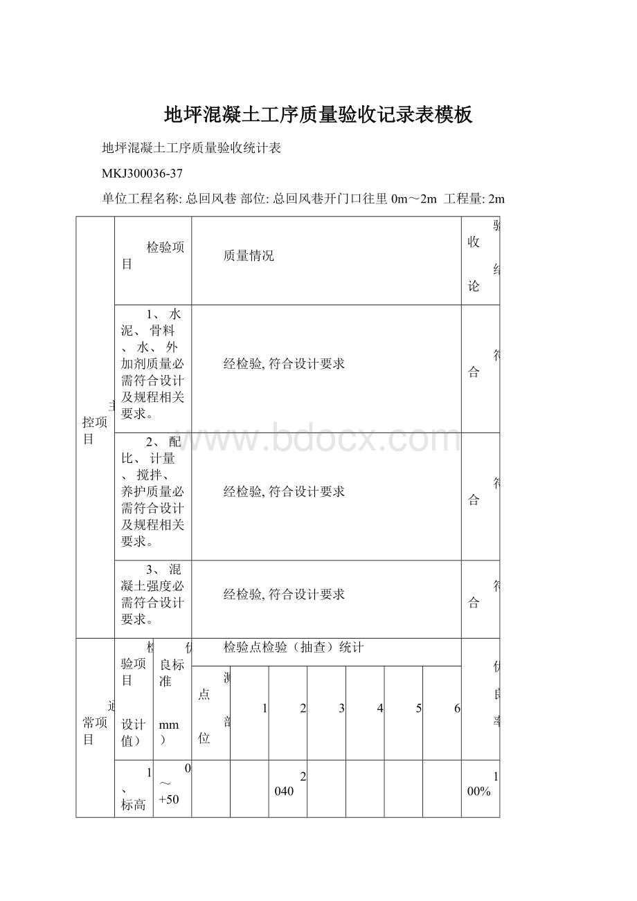 地坪混凝土工序质量验收记录表模板Word文件下载.docx