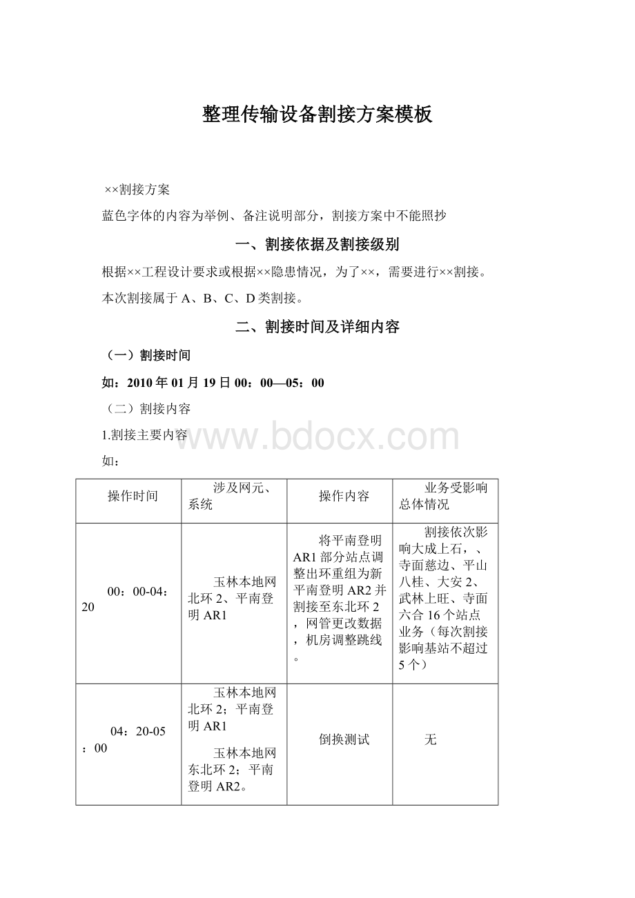 整理传输设备割接方案模板Word文件下载.docx