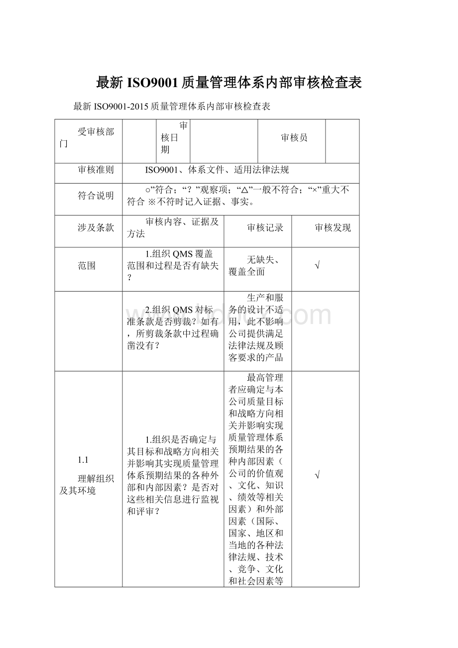 最新ISO9001质量管理体系内部审核检查表文档格式.docx_第1页