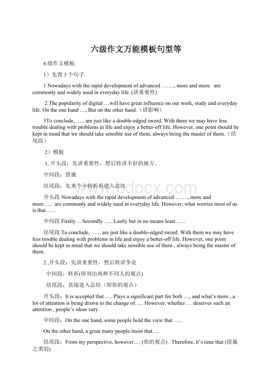 六级作文万能模板句型等Word文档格式.docx