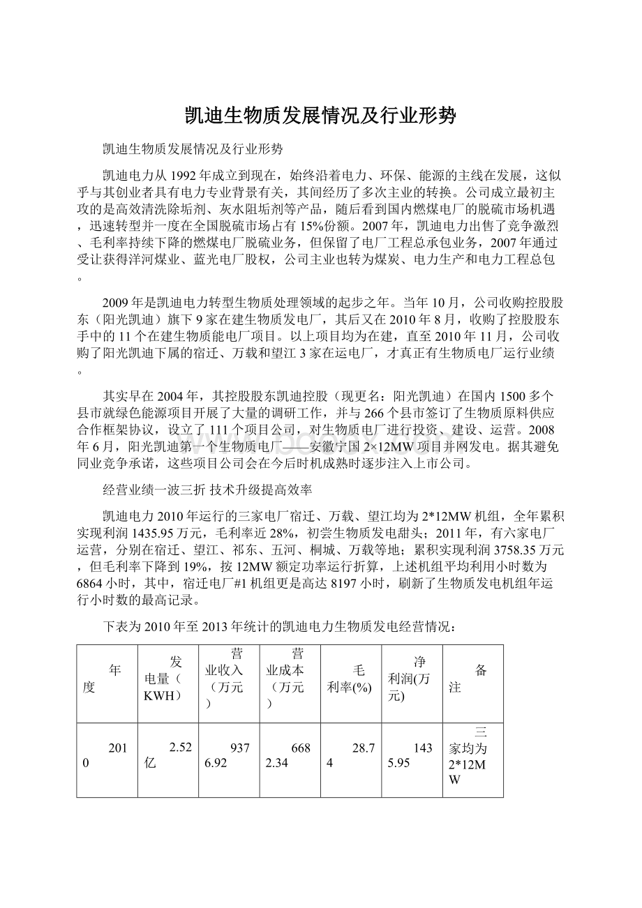 凯迪生物质发展情况及行业形势Word下载.docx