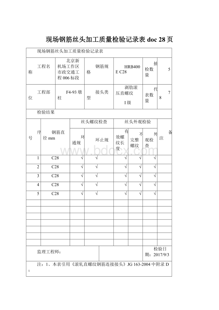 现场钢筋丝头加工质量检验记录表doc 28页Word下载.docx_第1页