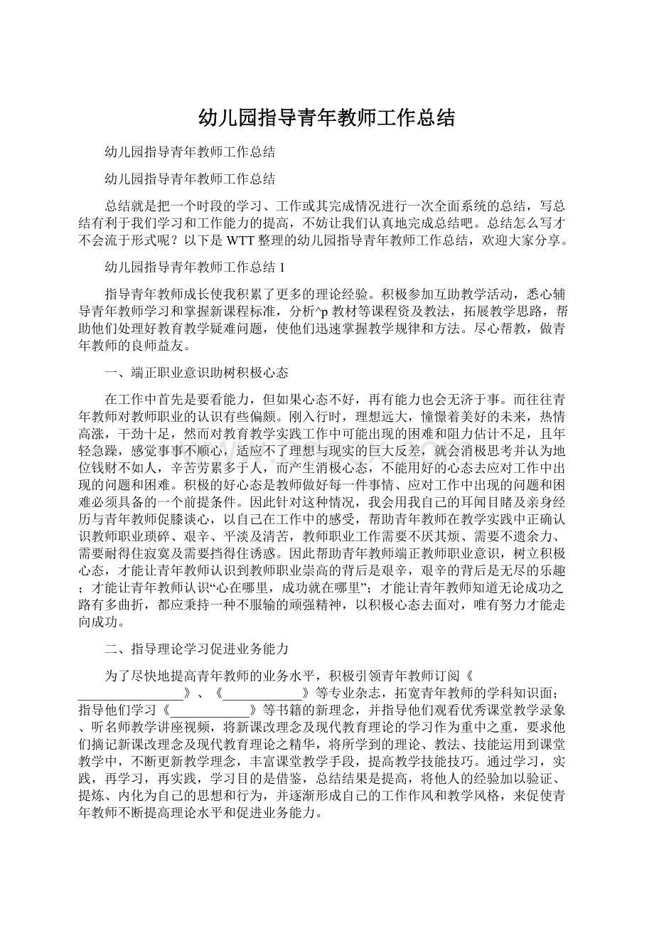 幼儿园指导青年教师工作总结Word文档下载推荐.docx