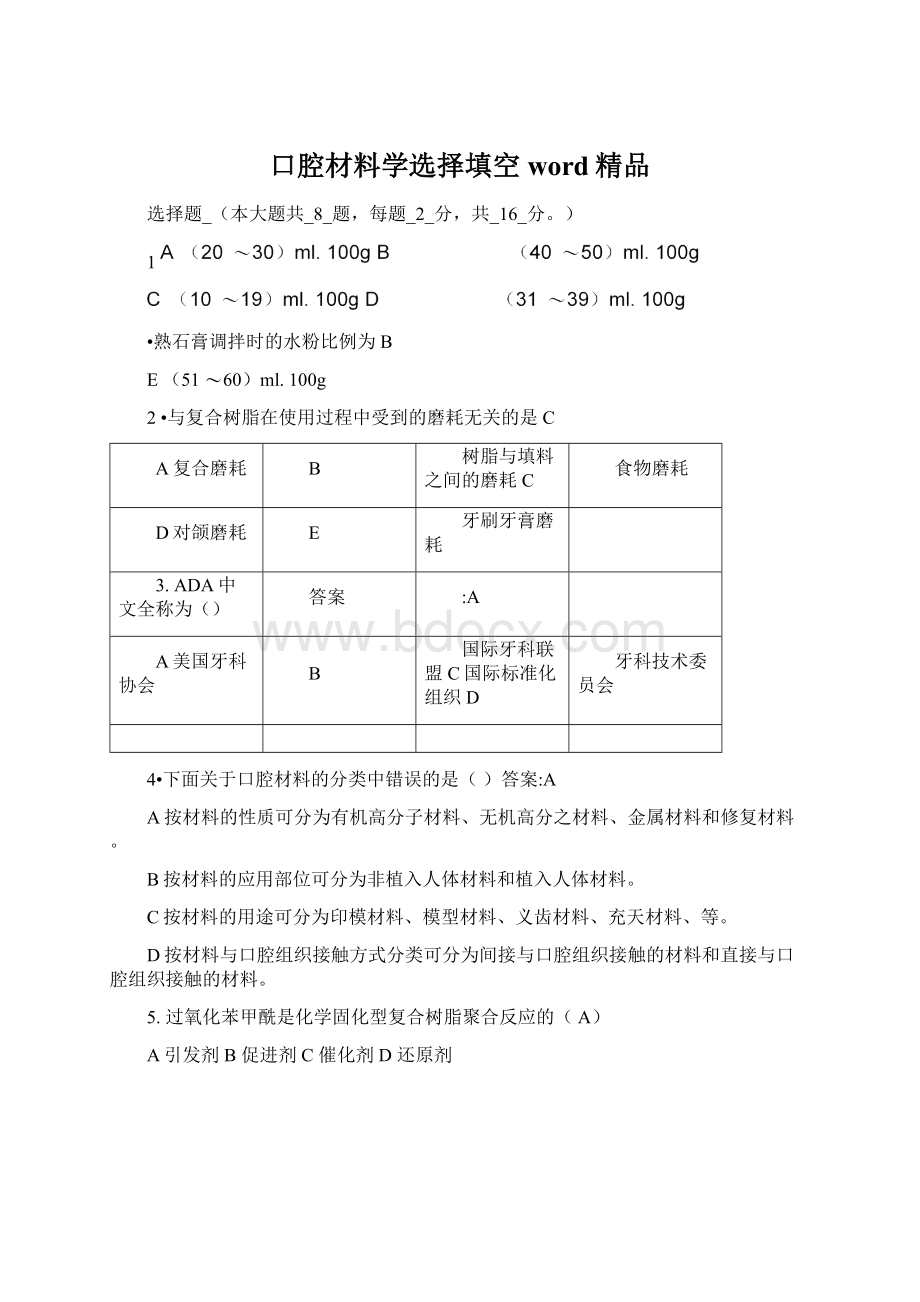 口腔材料学选择填空word精品Word格式.docx