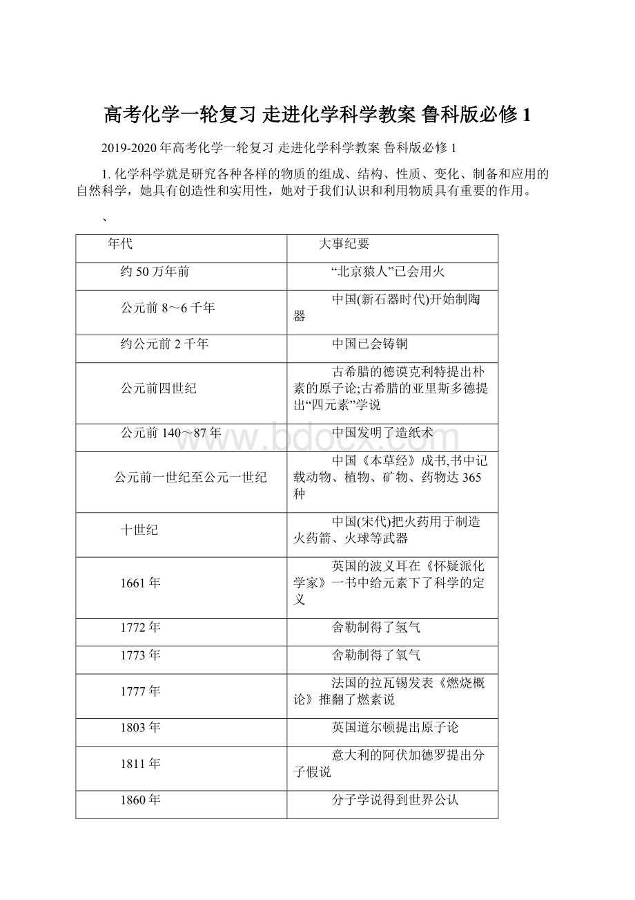 高考化学一轮复习 走进化学科学教案 鲁科版必修1Word下载.docx_第1页