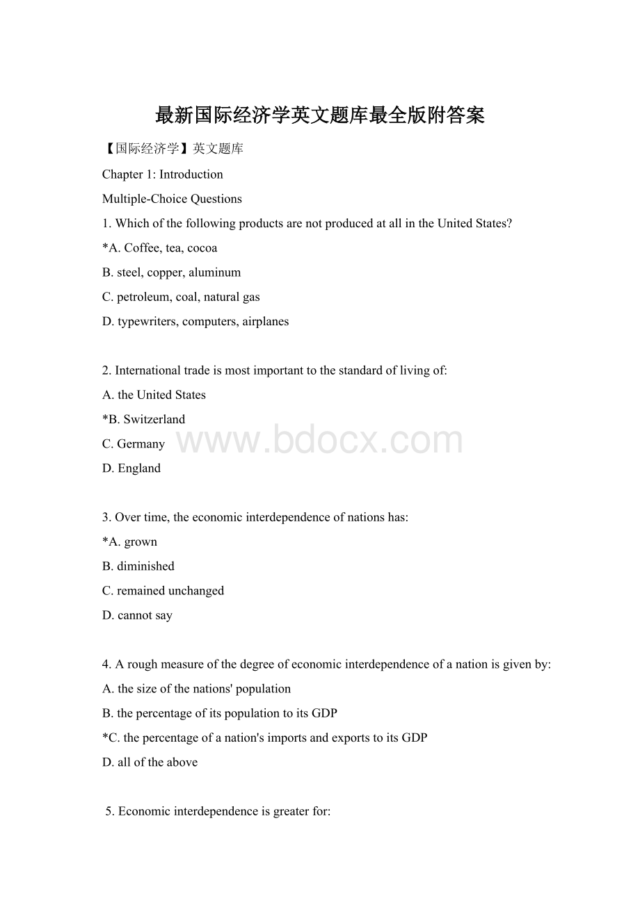 最新国际经济学英文题库最全版附答案.docx_第1页