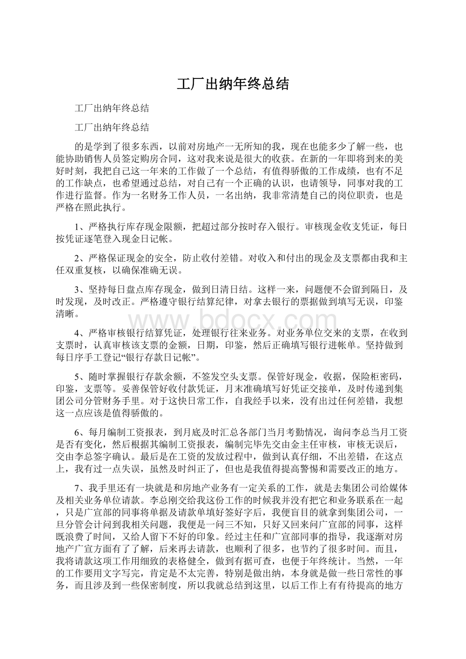 工厂出纳年终总结Word格式文档下载.docx_第1页