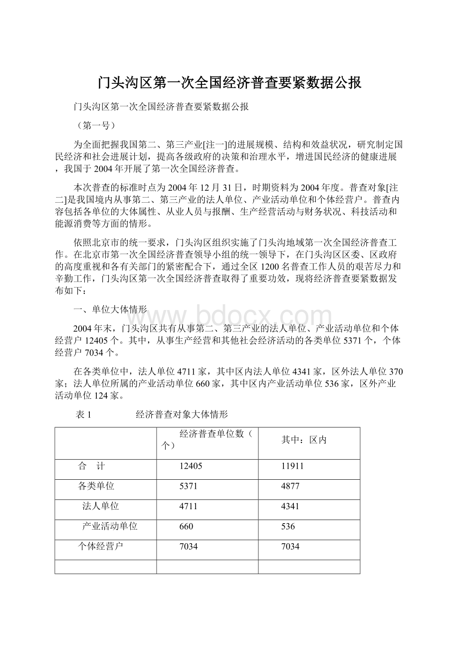 门头沟区第一次全国经济普查要紧数据公报Word文档格式.docx_第1页