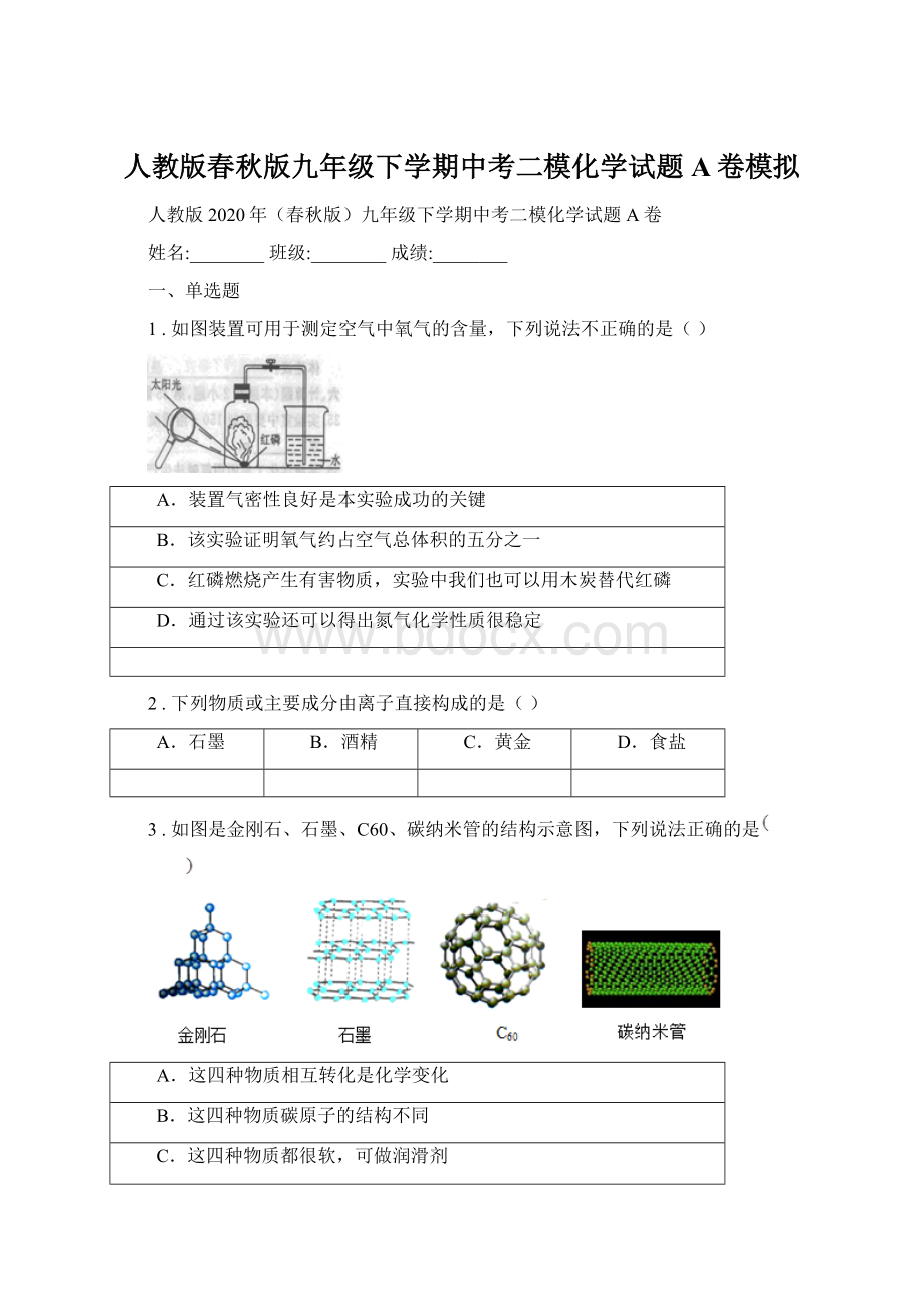 人教版春秋版九年级下学期中考二模化学试题A卷模拟文档格式.docx