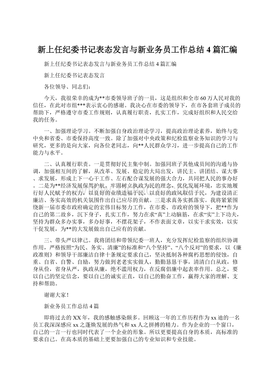 新上任纪委书记表态发言与新业务员工作总结4篇汇编.docx