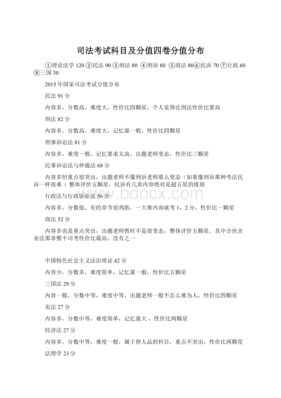 司法考试科目及分值四卷分值分布Word下载.docx_第1页