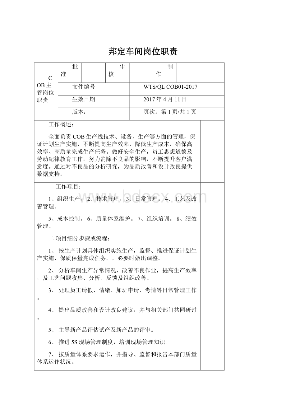 邦定车间岗位职责Word文档格式.docx