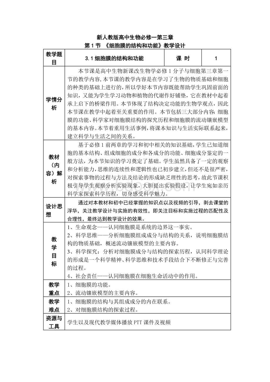 细胞膜的结构和功能【教学设计】.docx_第1页